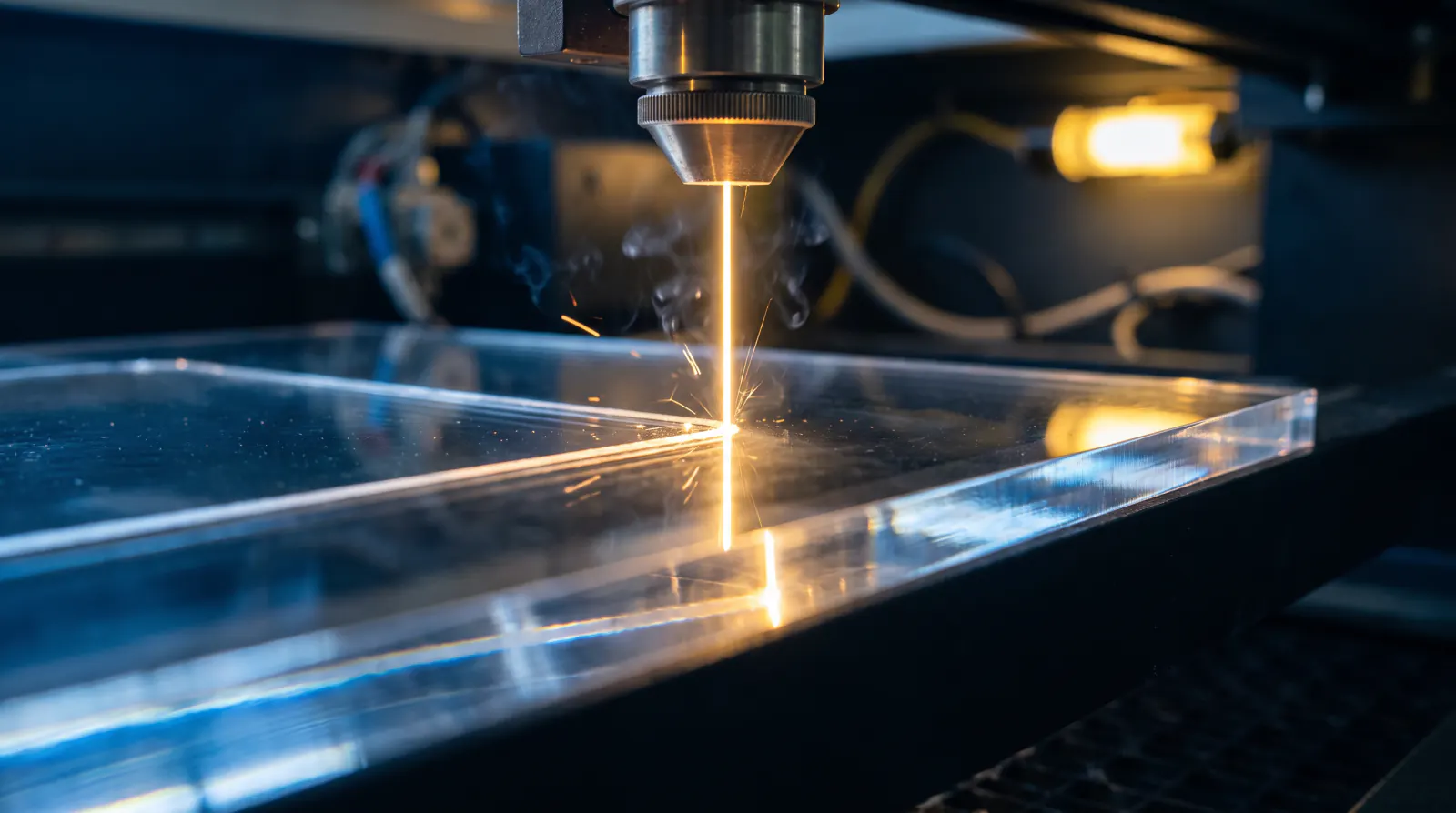 Ein Laserstrahl schneidet eine klare Acrylglasplatte zu